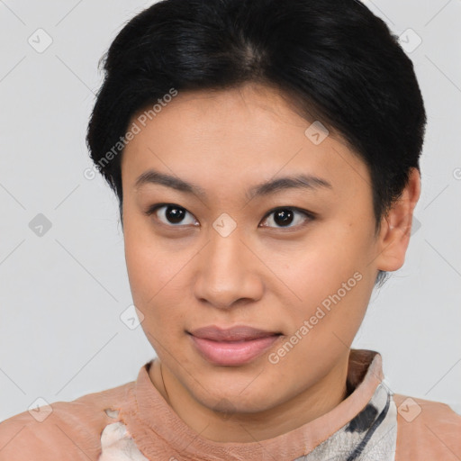 Joyful asian young-adult female with short  brown hair and brown eyes