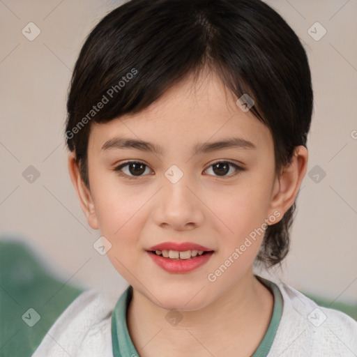 Joyful white child female with medium  brown hair and brown eyes