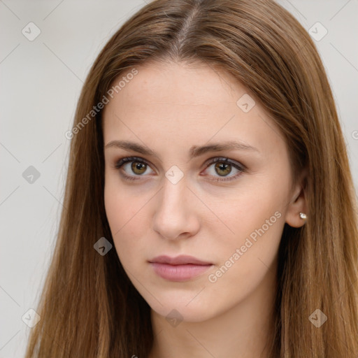 Neutral white young-adult female with long  brown hair and brown eyes