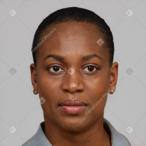 Neutral black young-adult female with short  black hair and brown eyes