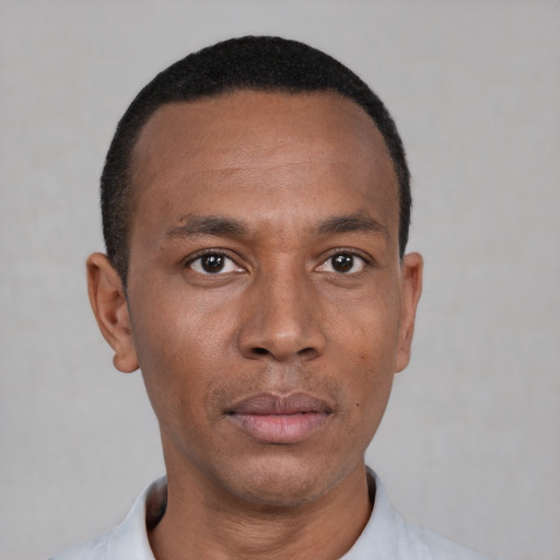Neutral black young-adult male with short  black hair and brown eyes