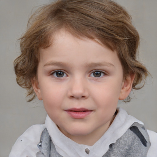 Joyful white child female with medium  brown hair and grey eyes