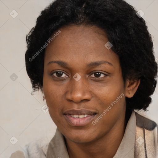 Joyful black adult female with short  black hair and brown eyes