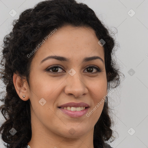 Joyful latino young-adult female with long  brown hair and brown eyes