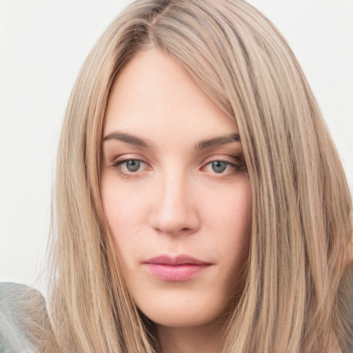 Neutral white young-adult female with long  brown hair and grey eyes