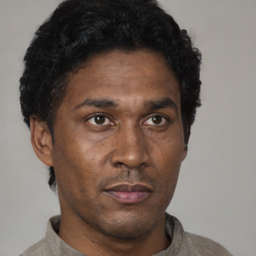 Neutral latino adult male with short  black hair and brown eyes