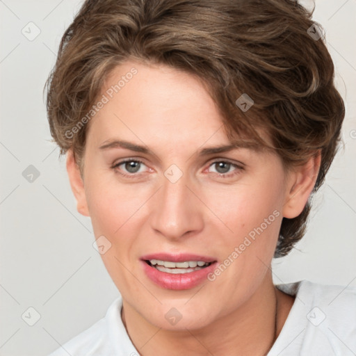 Joyful white adult female with short  brown hair and brown eyes