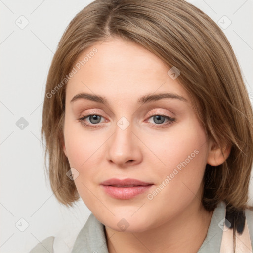 Neutral white young-adult female with medium  brown hair and grey eyes