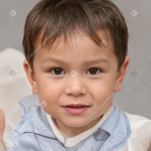 Joyful white child male with short  brown hair and brown eyes