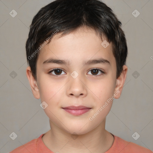 Joyful white child male with short  brown hair and brown eyes