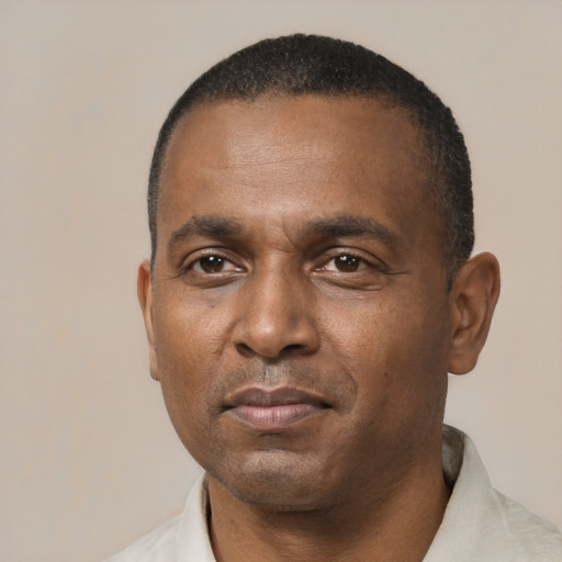 Neutral black adult male with short  black hair and brown eyes