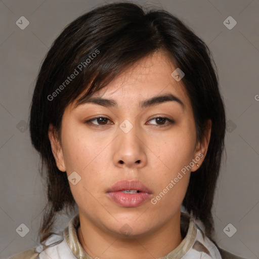 Neutral asian young-adult female with medium  brown hair and brown eyes