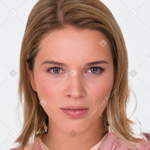 Neutral white young-adult female with medium  brown hair and blue eyes