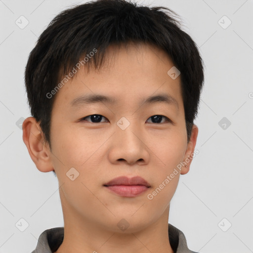 Neutral asian young-adult male with short  brown hair and brown eyes