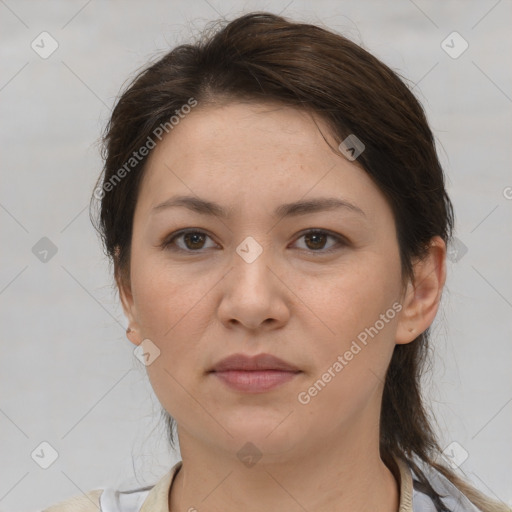 Neutral white young-adult female with medium  brown hair and brown eyes