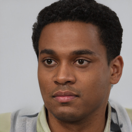 Neutral black young-adult male with short  black hair and brown eyes
