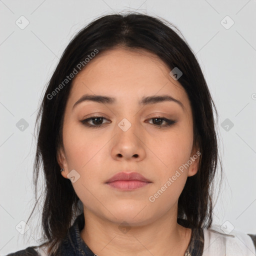 Neutral white young-adult female with medium  brown hair and brown eyes