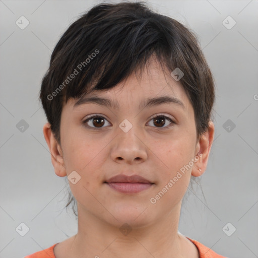 Neutral white young-adult female with short  brown hair and brown eyes