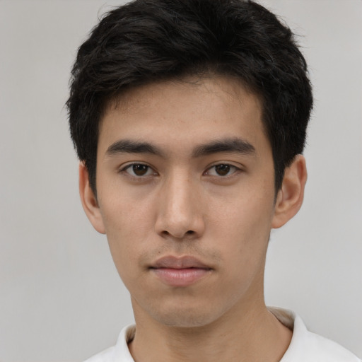 Neutral asian young-adult male with short  black hair and brown eyes