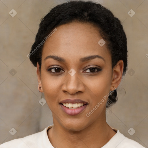 Joyful latino young-adult female with short  black hair and brown eyes