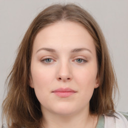 Neutral white young-adult female with medium  brown hair and grey eyes