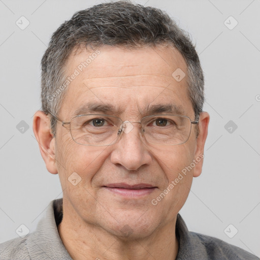 Joyful white middle-aged male with short  brown hair and brown eyes