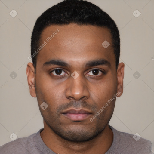Neutral latino young-adult male with short  black hair and brown eyes