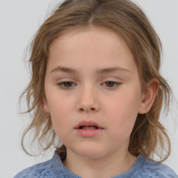 Neutral white child female with medium  brown hair and blue eyes