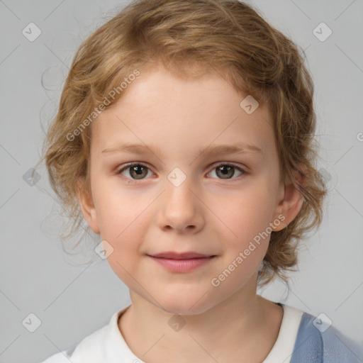 Joyful white child female with medium  brown hair and brown eyes