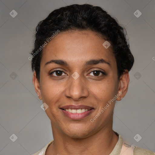 Joyful latino young-adult female with short  brown hair and brown eyes