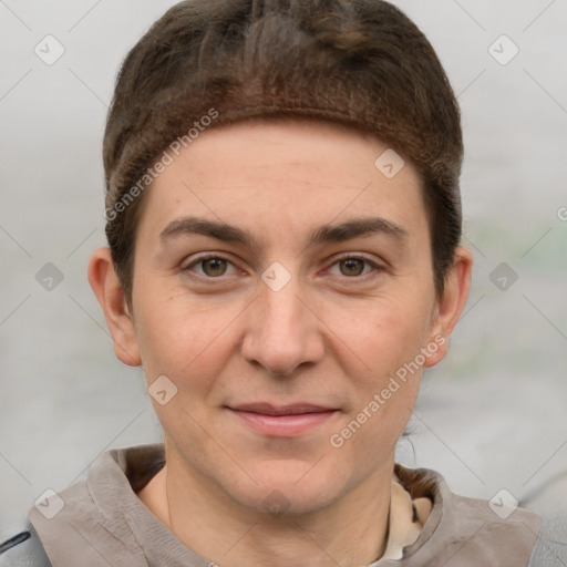 Joyful white young-adult female with short  brown hair and grey eyes