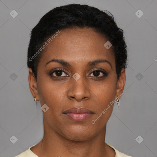 Neutral black young-adult female with short  brown hair and brown eyes