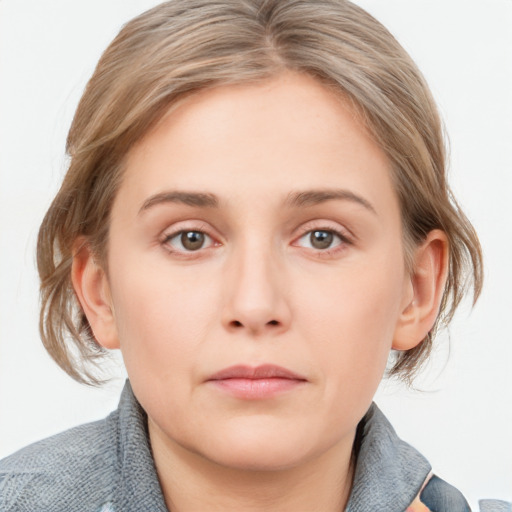 Neutral white young-adult female with medium  brown hair and blue eyes