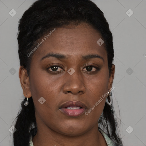 Neutral black young-adult female with short  brown hair and brown eyes