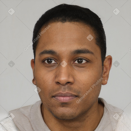 Neutral black young-adult male with short  black hair and brown eyes