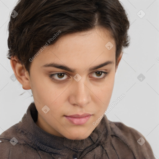 Neutral white young-adult female with short  brown hair and brown eyes