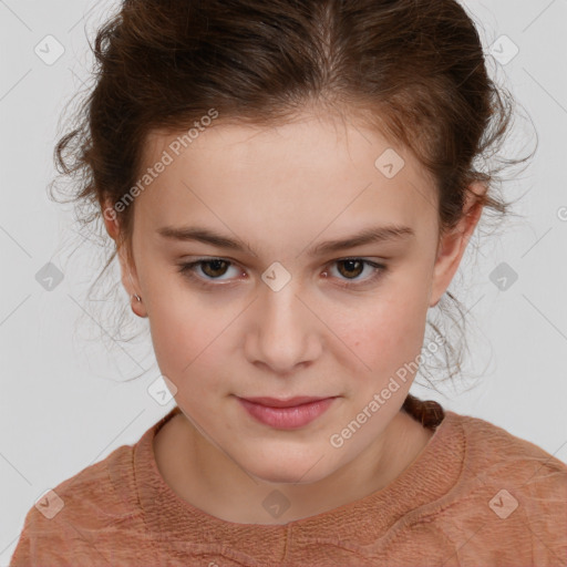 Joyful white child female with short  brown hair and brown eyes