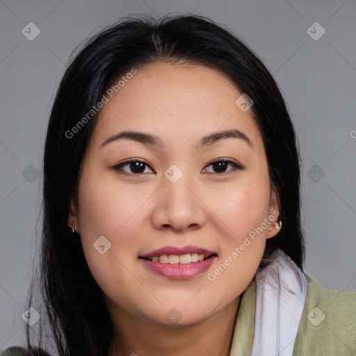 Joyful asian young-adult female with medium  brown hair and brown eyes