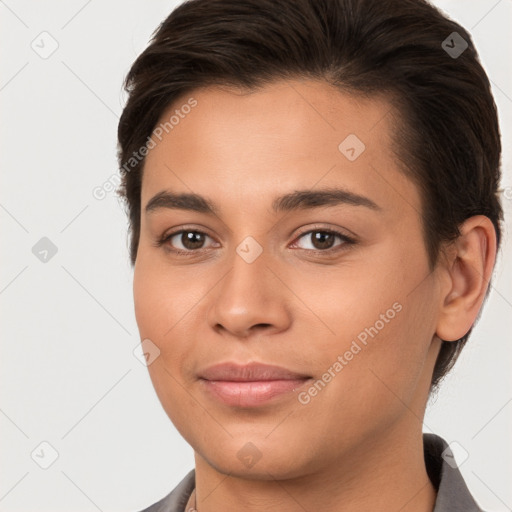 Joyful white young-adult female with short  brown hair and brown eyes