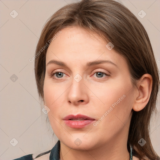 Neutral white young-adult female with medium  brown hair and grey eyes