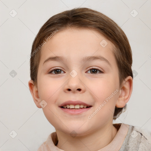 Joyful white child female with short  brown hair and brown eyes