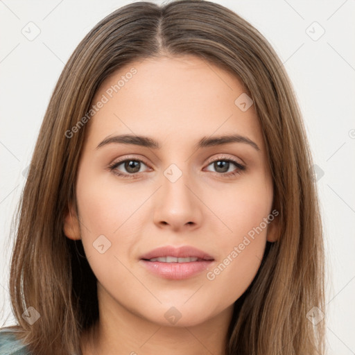 Neutral white young-adult female with long  brown hair and brown eyes