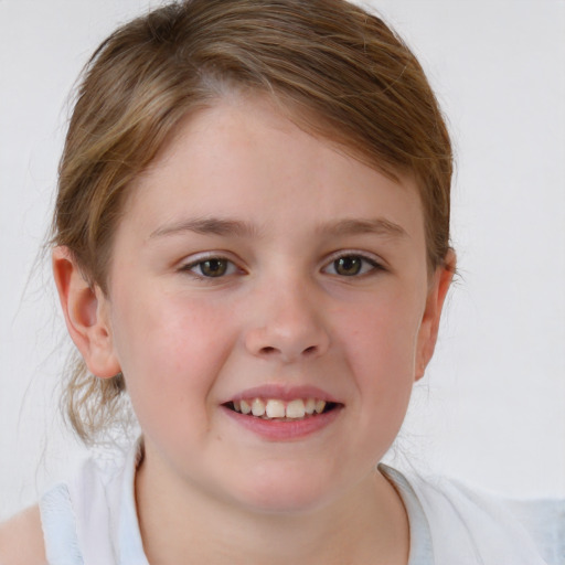 Joyful white child female with medium  brown hair and blue eyes