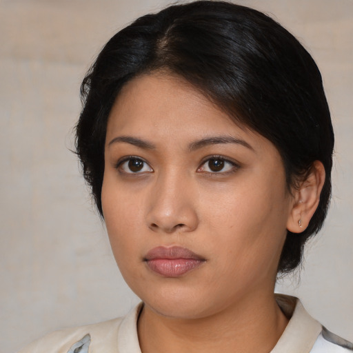 Neutral asian young-adult female with medium  brown hair and brown eyes