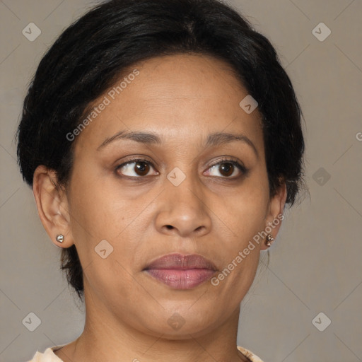 Joyful latino adult female with medium  brown hair and brown eyes