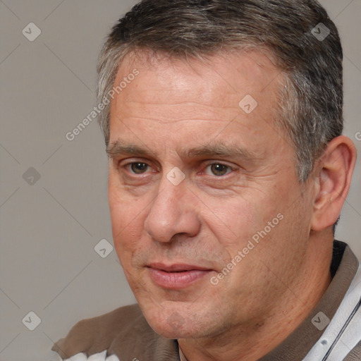 Joyful white middle-aged male with short  brown hair and brown eyes