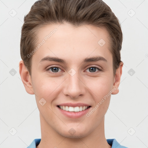 Joyful white young-adult female with short  brown hair and grey eyes