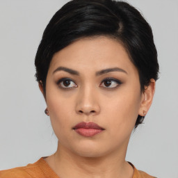 Neutral asian young-adult female with short  black hair and brown eyes