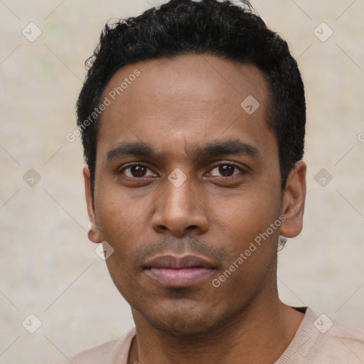 Neutral latino young-adult male with short  black hair and brown eyes