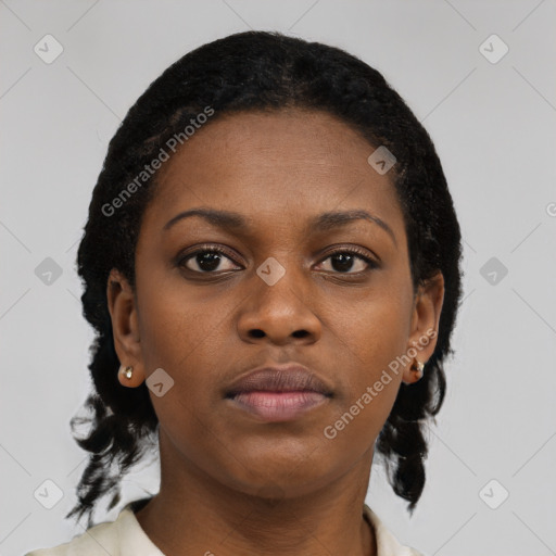 Neutral black young-adult female with short  black hair and brown eyes